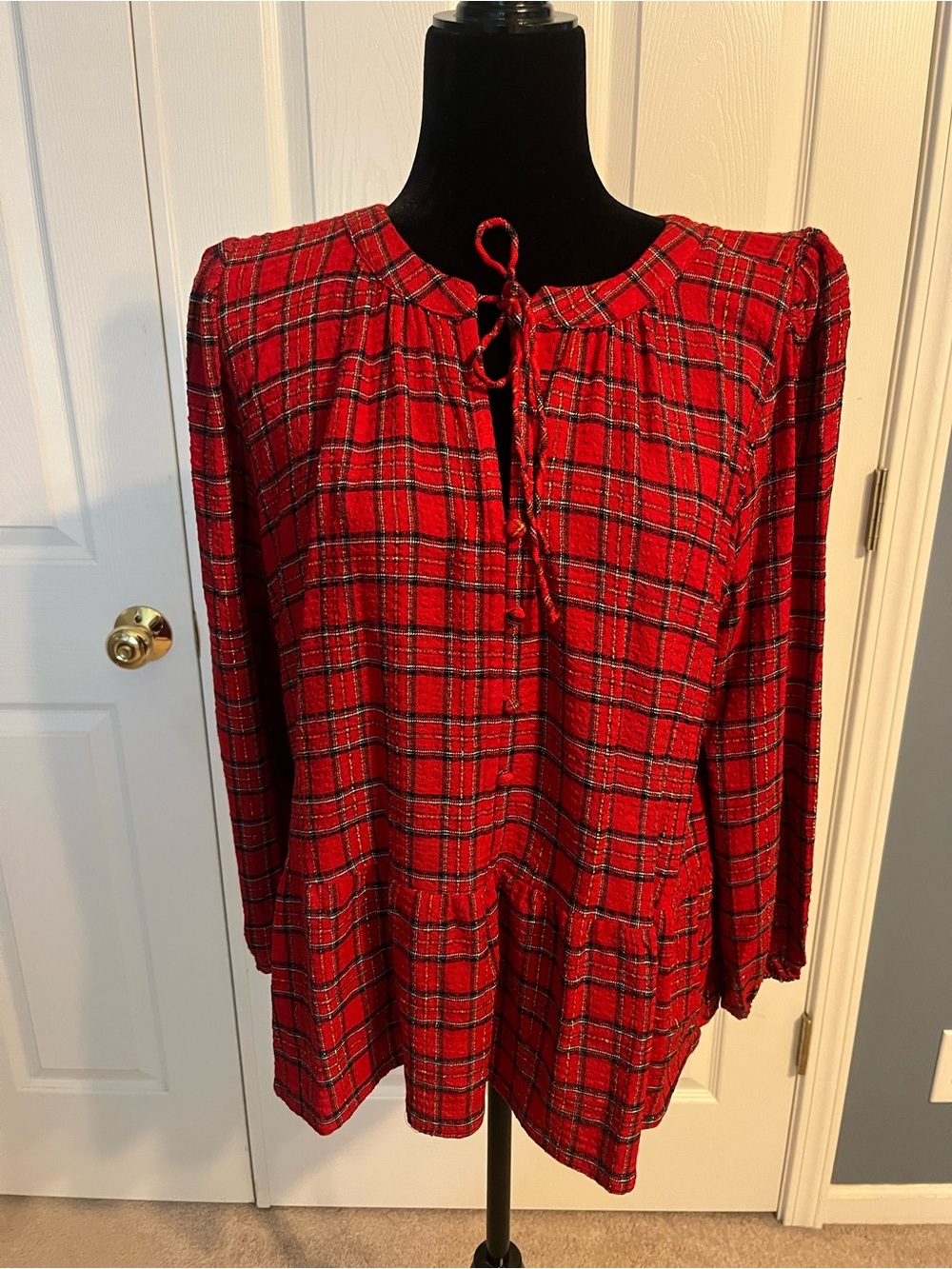 LOFT Red Plaid Tie-Front Peplum Tunic NWT sz large